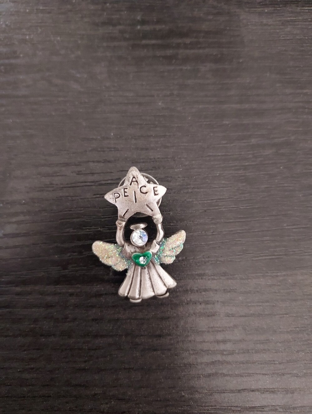 Silver Angel Brooch with Green Heart and Glitter Wings